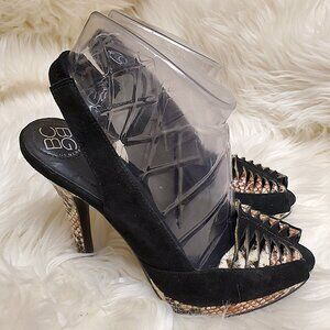 BCB Generation Cinthya Black & Snake Print Peep Toe Leather Platform Pumps SZ 7